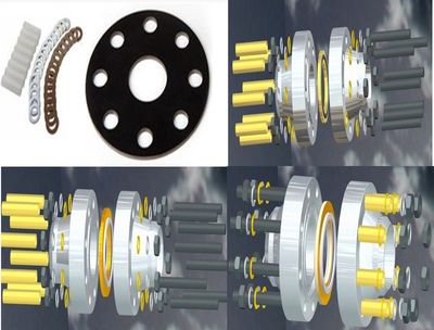 Various images of mechanical coupling components and their exploded views.