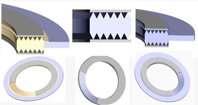 Various types of mechanical seals in cross-section and top views.