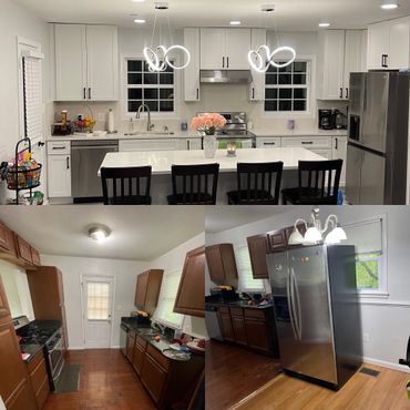 Modern kitchen remodel with white cabinets and island, contrasted by older dark wood cabinetry in before photos.