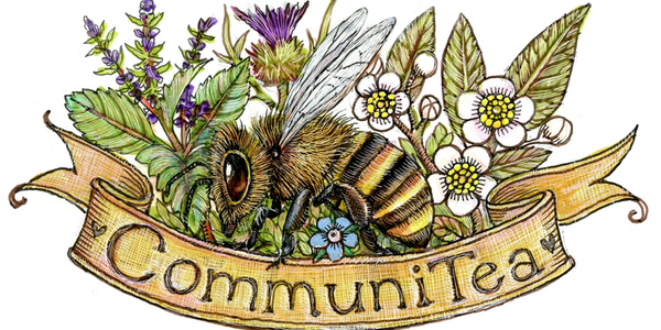 A detailed illustration of a bee surrounded by flowers and leaves with the word 'CommuniTea'.
