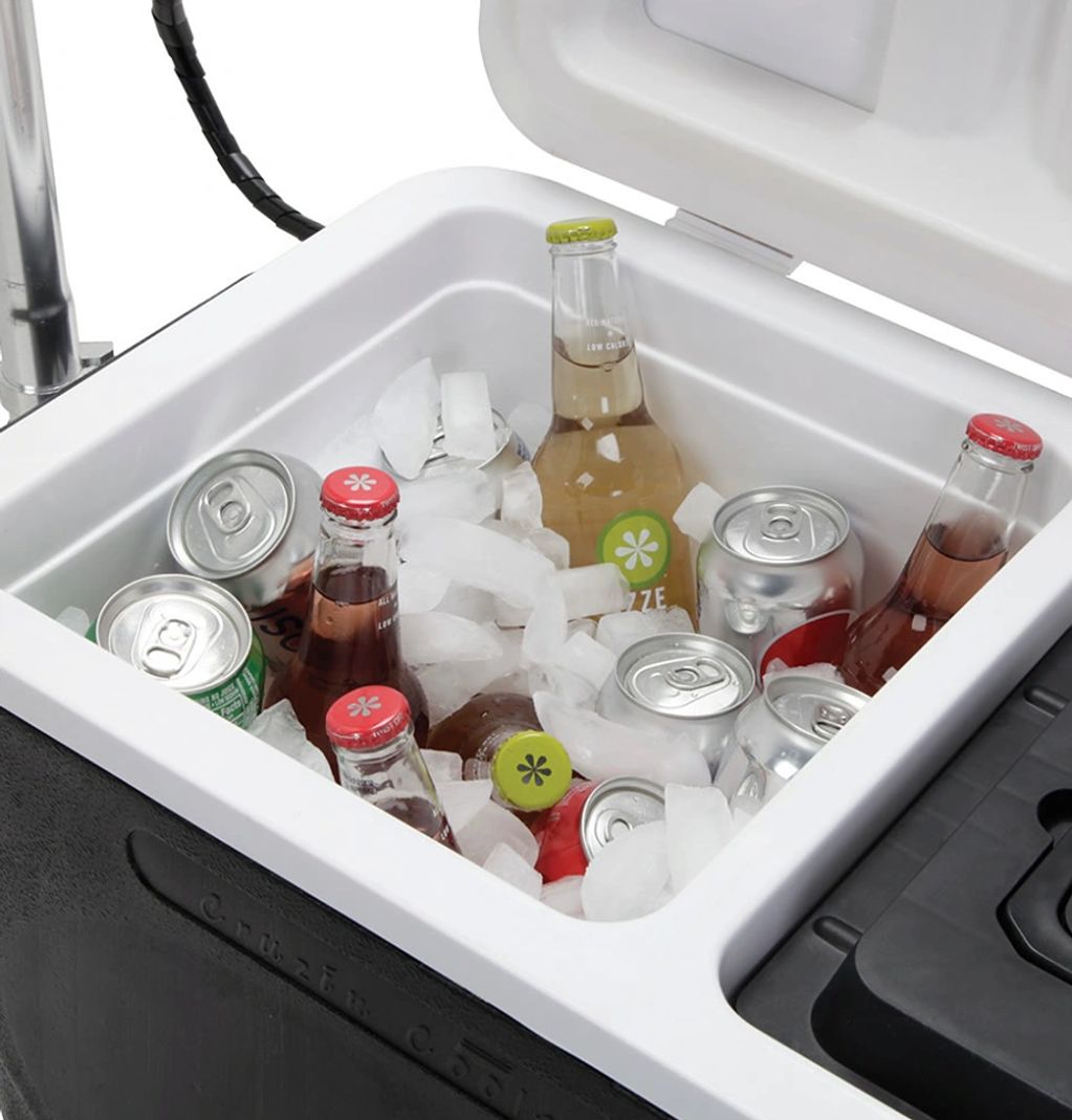 This ice chest cooler holds a case of drink cans with ice.  Also has own drink lid for easy access.