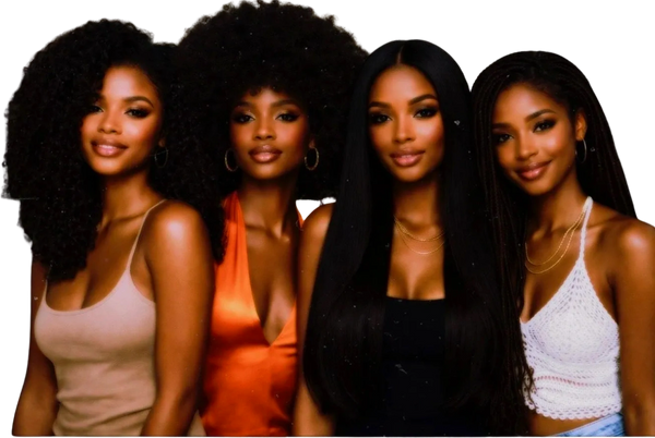 Four stylish women with diverse hairstyles posing confidently.