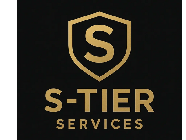 Elegant gold and black logo for S-Tier Services featuring a shield and letter S.
