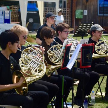 Musicians playing French horns in an outdoor band performance.