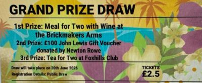 Grand prize draw with meal, gift voucher, and tea prizes.