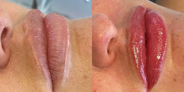 before and after of client who has had a lip blushing treatment. 