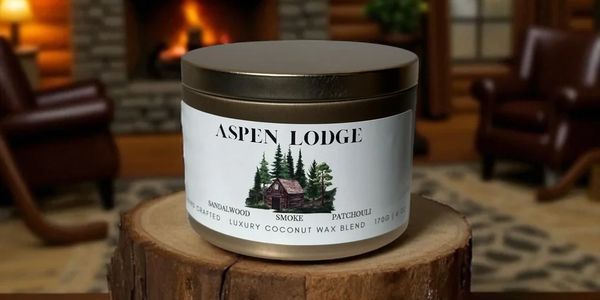 Aspen Lodge World Traveler Aroma candle. Sandalwood, smoke, patchouli.