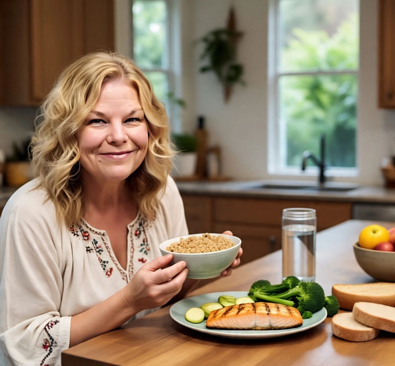 Evette Gurley owner of Alpha-gal Eats with bowl of rice, salmon, broccoli, bread, squash, apples.