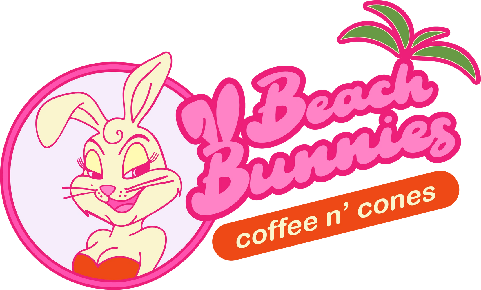 Beach Bunnies Coffee & Cones building at dusk in Del City with pink neon wave roofline and drive-thru canopy