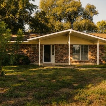 Single-story brick house with a porch and grassy front yard.