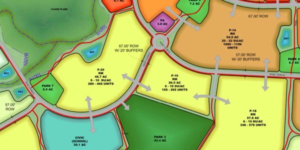 Color-coded land use map with parks, civic areas, and residential zones.
