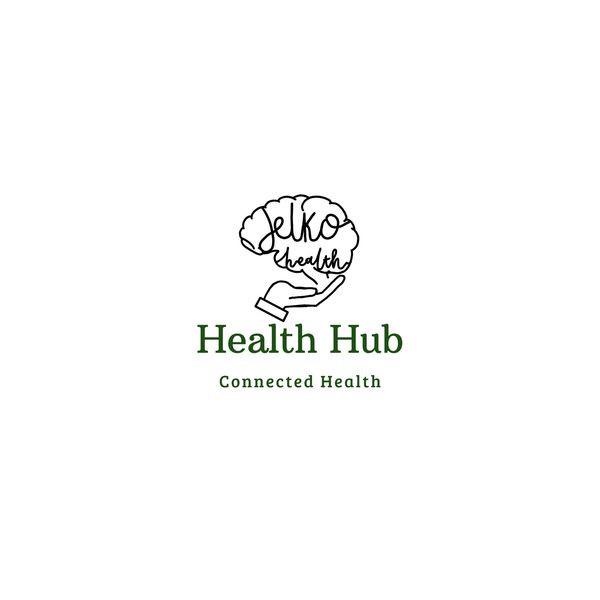 Logo of Jelko Health Hub with a brain and hand illustration.