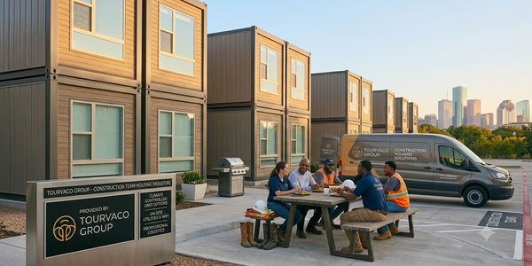 Workers taking a break outside modular houses.