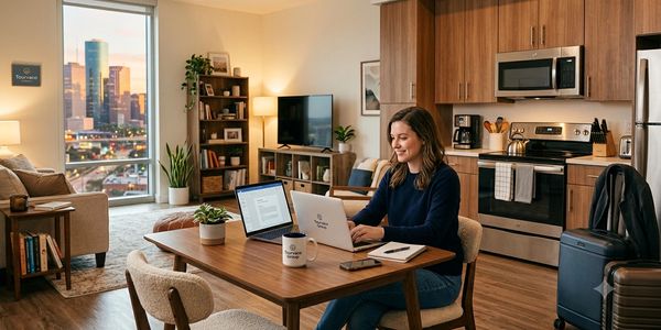 Woman working on a laptop in a cozy apartment with city view.
