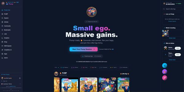 Crypto platform Pump with vibrant visuals and community features.