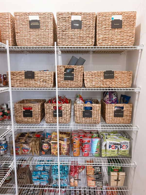 Organized pantry using bins, baskets and labels. Done by Arranged by Ashley. NJ Pro Organizer