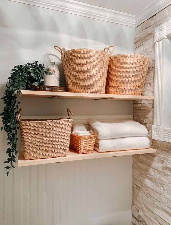 Bathroom shelf organized with matching Target baskets by Arranged by Ashley, Long Beach Island NJ