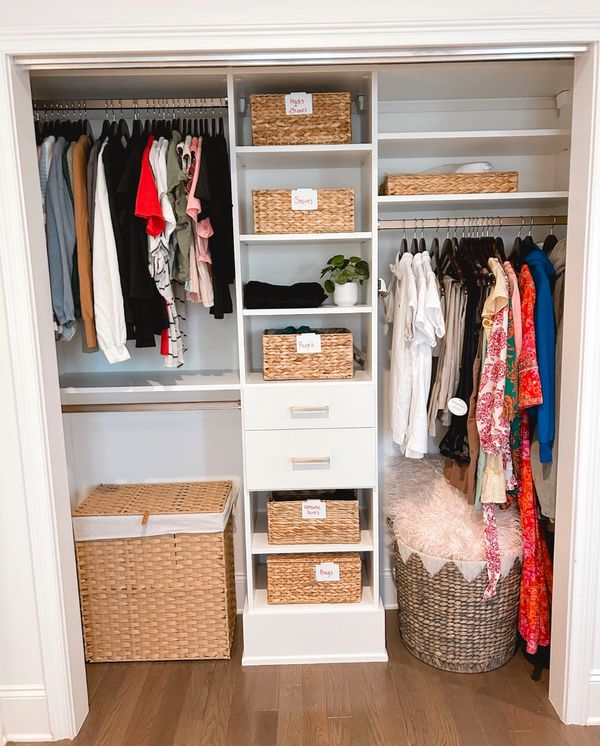 Kids closet color coded and organized with labeled baskets and matching hangers. Jersey Shore NJ