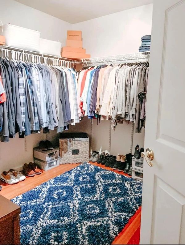 Walk in primary bedroom closet organization in Manahawkin NJ by Arranged by Ashley. Stafford, LBI NJ