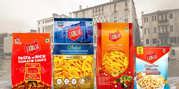 Eatalia pasta varieties including penne, classic pasta, masala, and tomato sauce.