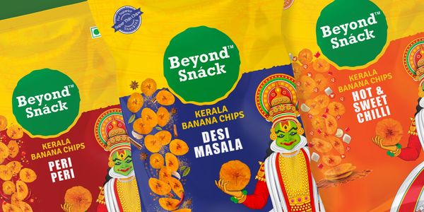 Three colorful packets of Beyond Snack Kerala banana chips with different flavors.