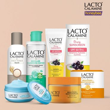 Lacto Calamine skincare range including toner, cleansing water, sunscreen, and moisturizing gels.