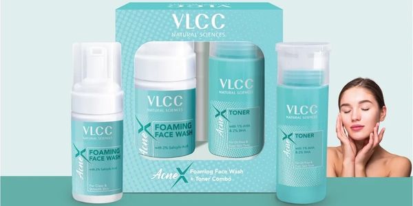 VLCC AcneX foaming face wash and toner combo with a woman applying skincare.