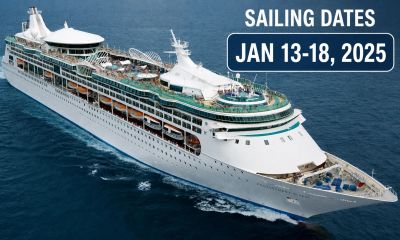Large cruise ship sailing with dates Jan 13-18, 2025.