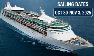 A cruise ship sailing with dates displayed.