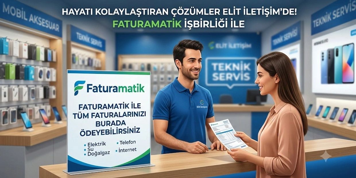 A customer pays bills at an electronics store counter with Faturamatik service.