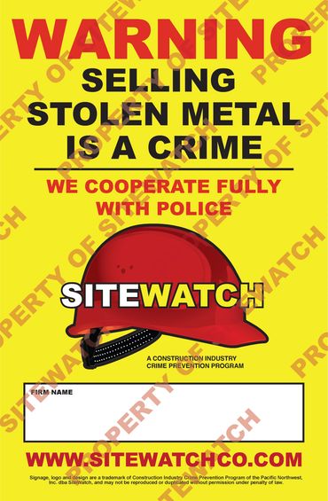 13"x20" Warning - Selling Stolen Metal is a Crime Sign. Corrugated. Grommeted on four corners.