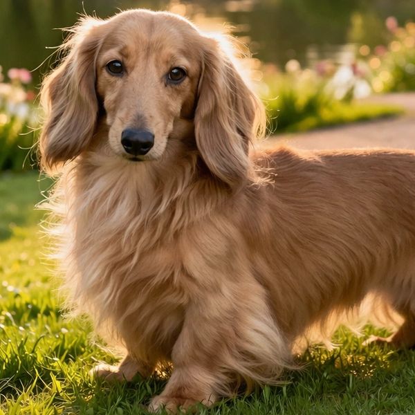 Long-haired dachshund standing on grass in sunlight.