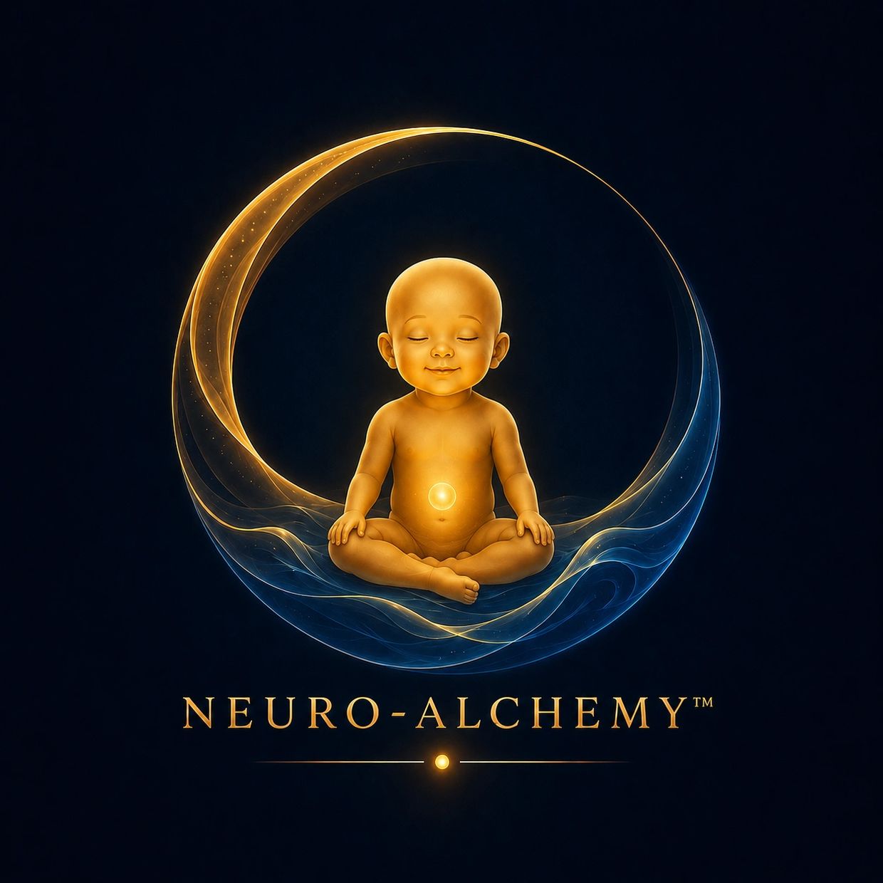 Glowing baby meditating inside a luminous circle with the text 'NEURO-ALCHEMY'.