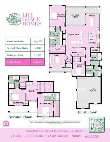 Two-story house floor plan with 4 bedrooms, 4 baths, study, and 2-car garage.