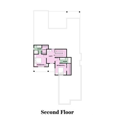 Second floor plan with two bedrooms, two bathrooms, and a loft area.