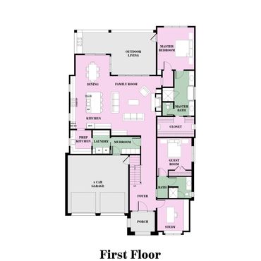 Detailed first floor plan with living, dining, bedrooms, study, and garage.