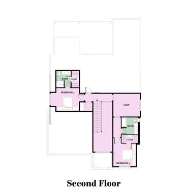 Floor plan of the second floor with two bedrooms, two bathrooms, and a loft.