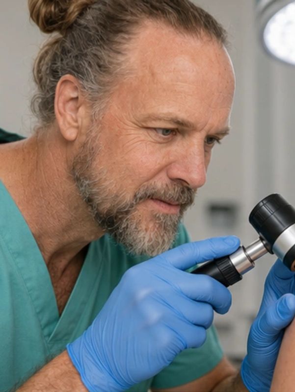 Male doctor examining a patient's skin with a dermatoscope.