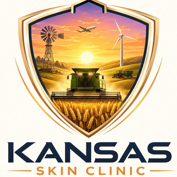Kansas Skin Clinic logo with a shield depicting agriculture and technology of rural Kansas