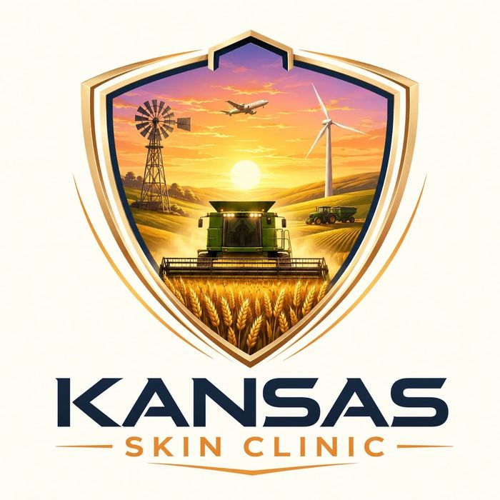 Kansas Skin Clinic logo with a shield depicting agriculture and technology of rural Kansas