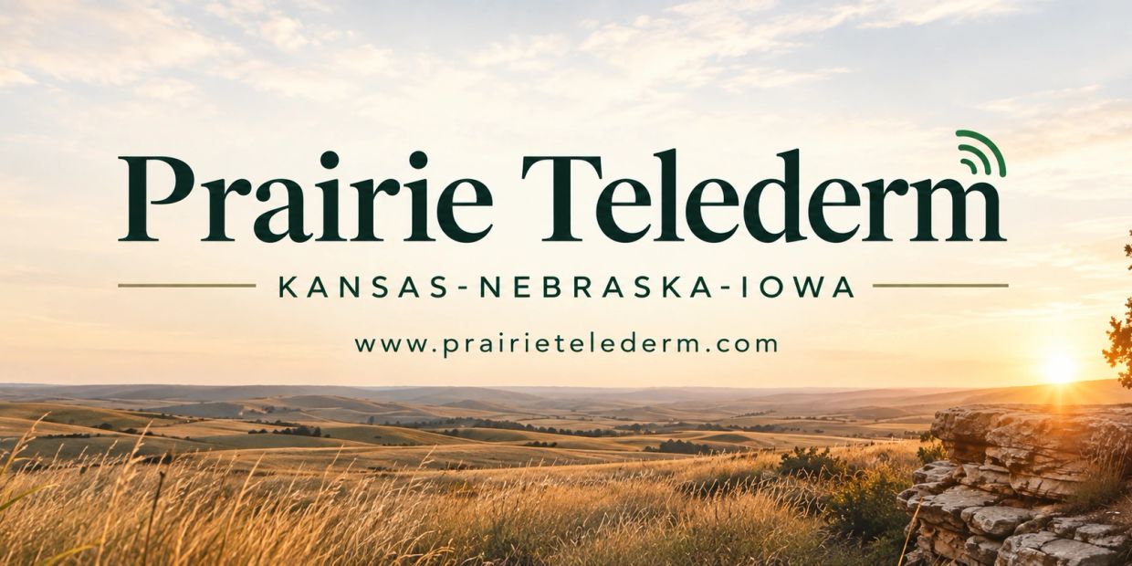 Prairie Telederm logo with Kansas, Nebraska, Iowa landscape.