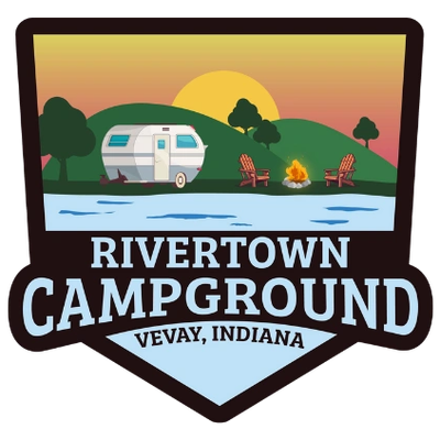 Logo for Rivertown Campground in Vevay, Indiana featuring a camper, campfire, and landscape.