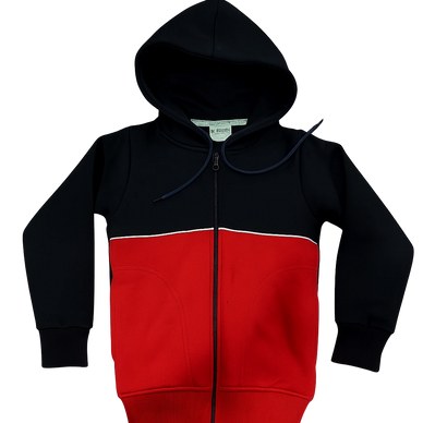 Black and red zip-up hoodie with a front pocket and hood.