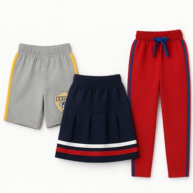 Three children's clothing items: grey shorts, navy skirt, and red pants.