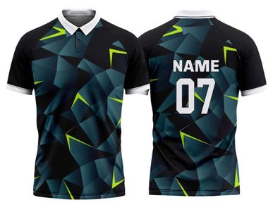 Black and blue geometric patterned sports jersey with white collar and number 07.