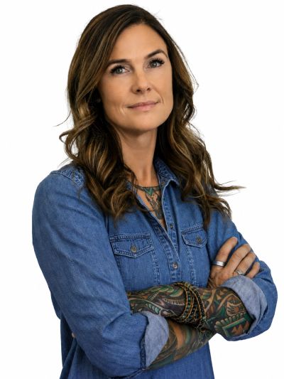 Confident woman with tattoos wearing a denim shirt and crossing her arms.