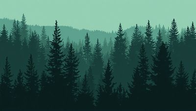 Silhouetted pine trees against a misty green background.
