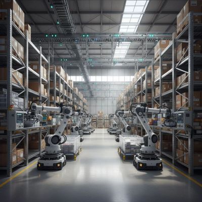 Automated robotic arms working in a modern warehouse.