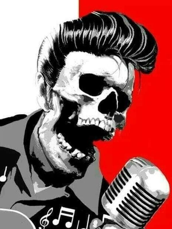 Skeleton rockabilly singer with microphone and guitar.
