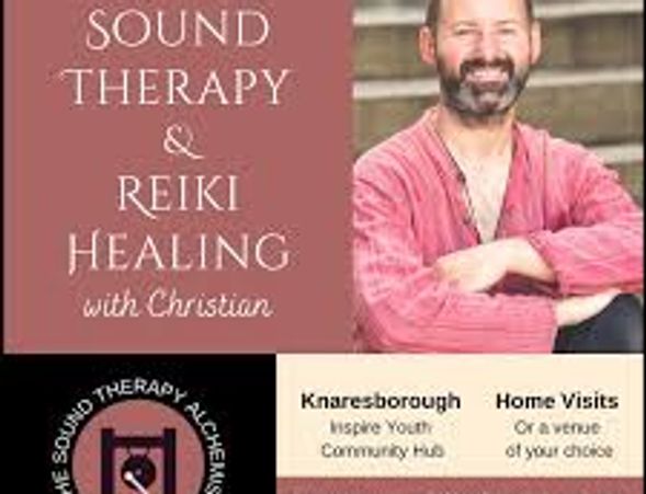 Promotional flyer for sound therapy and Reiki healing with Christian.